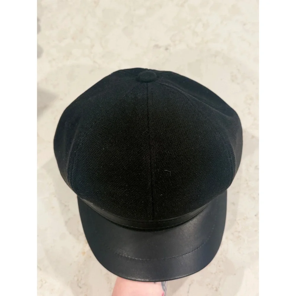 Black‎ Newsboy Baker Boy Hat Faux Leather Brim Y2K Cabbie Cap Adjustable Black